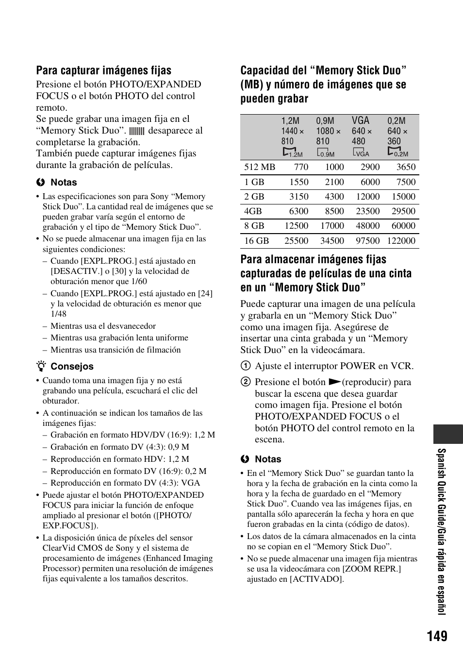 Para capturar imágenes fijas | Sony HDR-FX1000 User Manual | Page 149 / 151