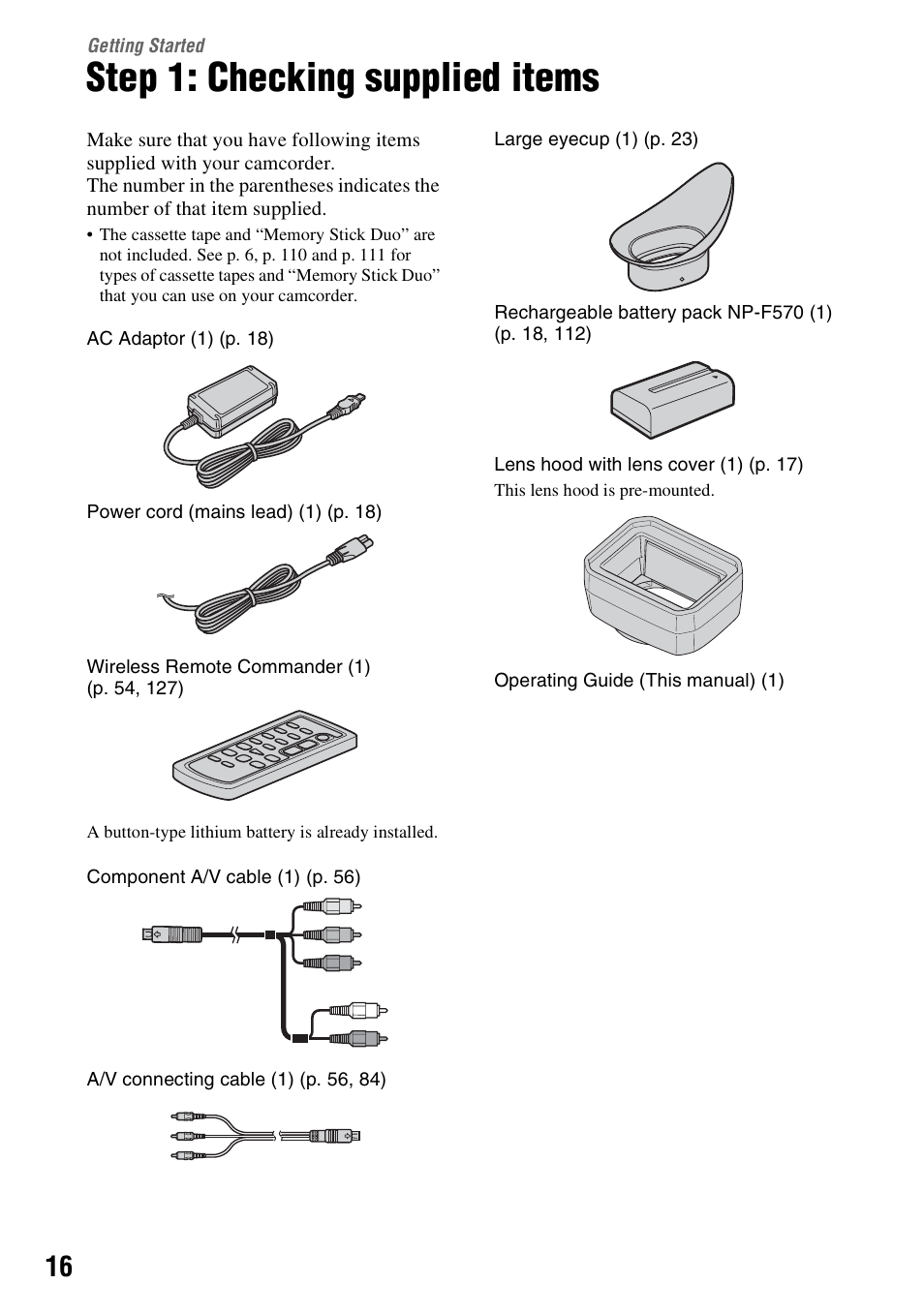 Getting started, Step 1: checking supplied items | Sony HDR-FX1000 User Manual | Page 16 / 151