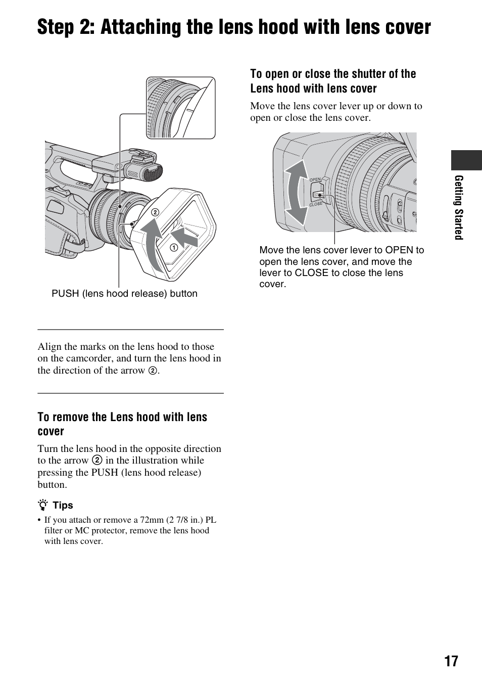 Step 2: attaching the lens hood with lens cover, P. 17 | Sony HDR-FX1000 User Manual | Page 17 / 151