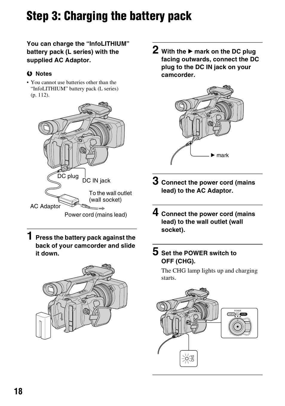 Step 3: charging the battery pack, P. 18), P. 18 | Sony HDR-FX1000 User Manual | Page 18 / 151