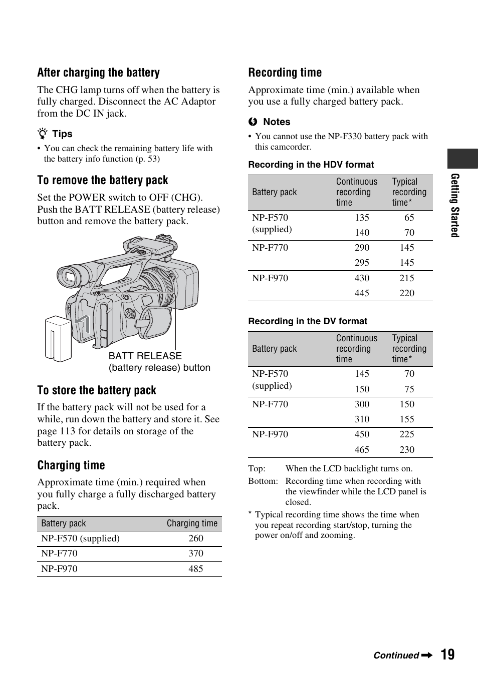 After charging the battery, Charging time, Recording time | Sony HDR-FX1000 User Manual | Page 19 / 151