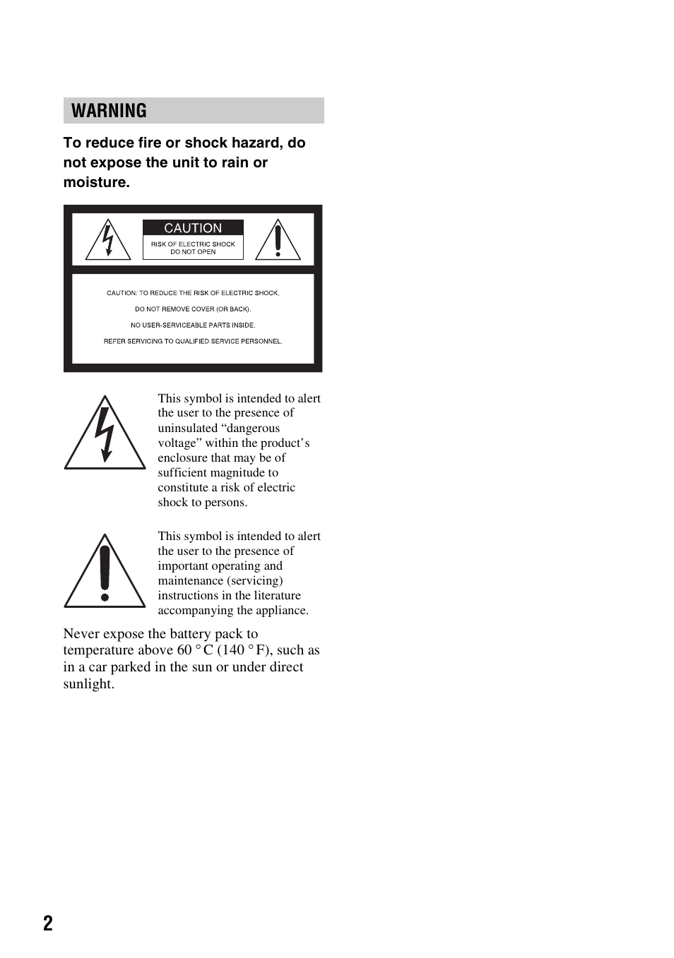 Warning | Sony HDR-FX1000 User Manual | Page 2 / 151