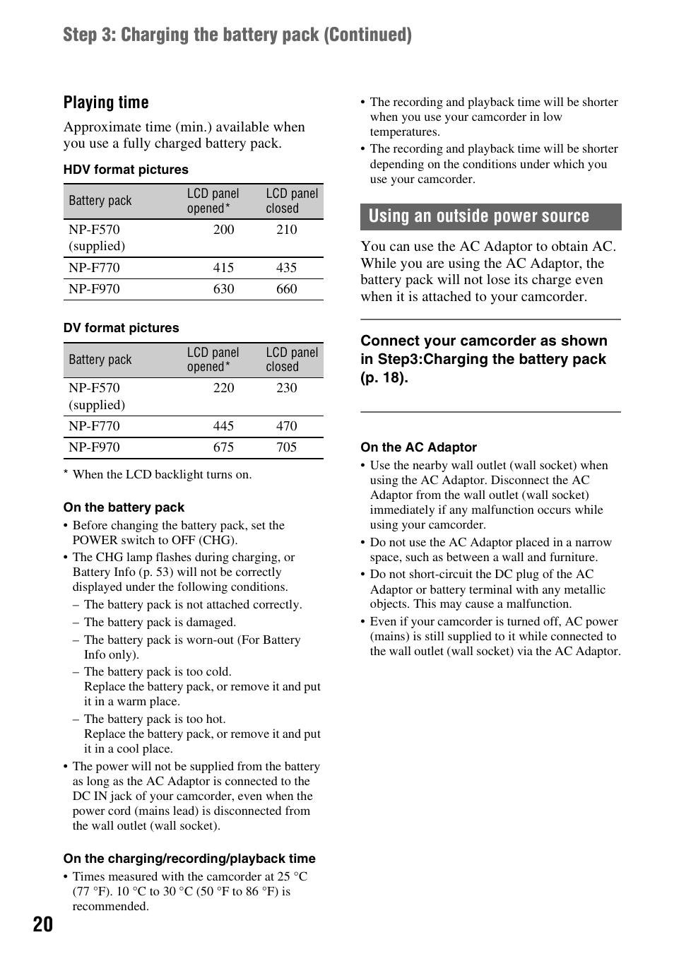 Step 3: charging the battery pack (continued), Using an outside power source, Playing time | Sony HDR-FX1000 User Manual | Page 20 / 151