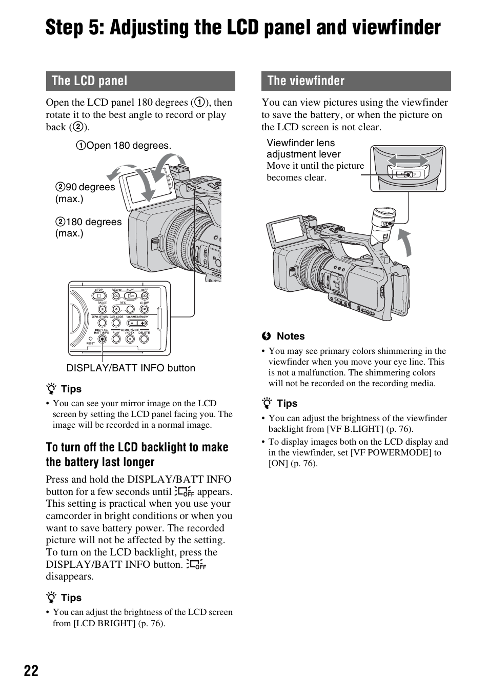 Step 5: adjusting the lcd panel and viewfinder, The lcd panel, The viewfinder | Sony HDR-FX1000 User Manual | Page 22 / 151