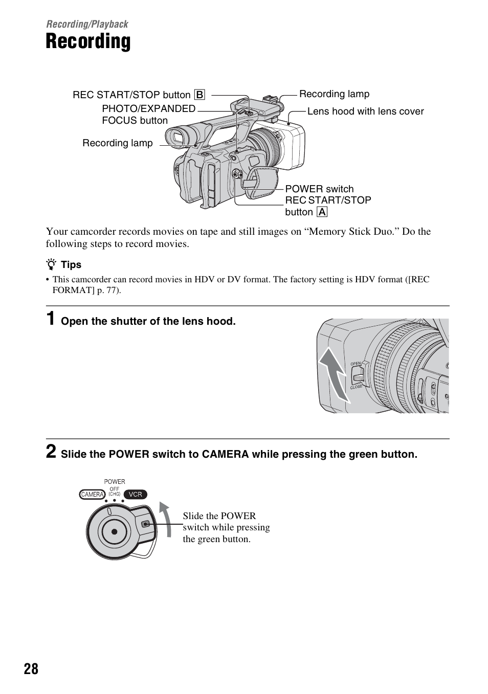Recording/playback, Recording, Playback | Sony HDR-FX1000 User Manual | Page 28 / 151
