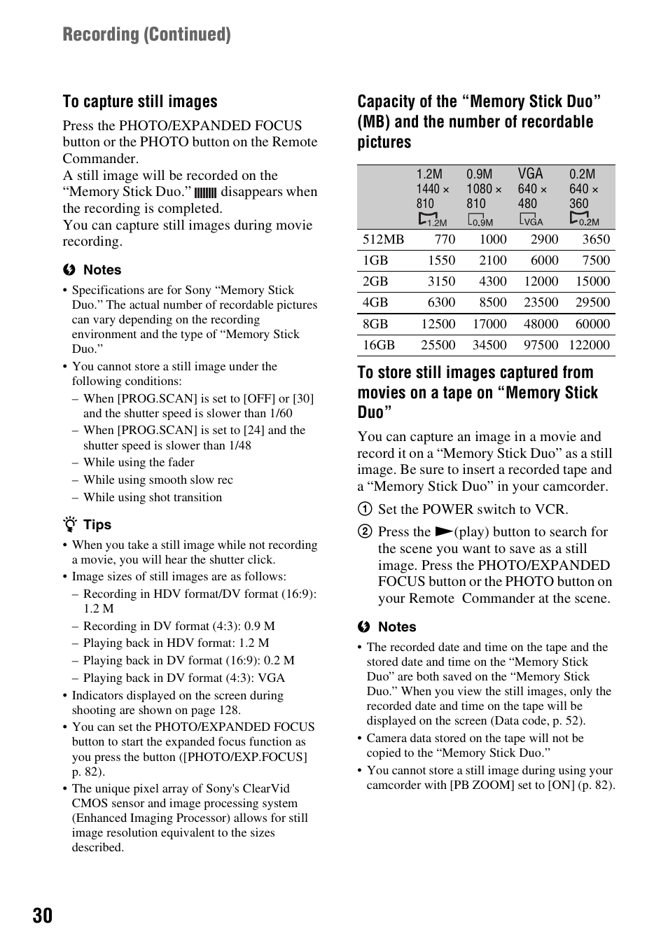 P. 30), Recording (continued) | Sony HDR-FX1000 User Manual | Page 30 / 151