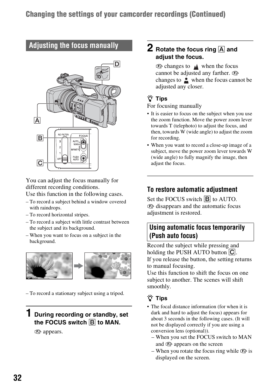 Adjusting the focus manually | Sony HDR-FX1000 User Manual | Page 32 / 151