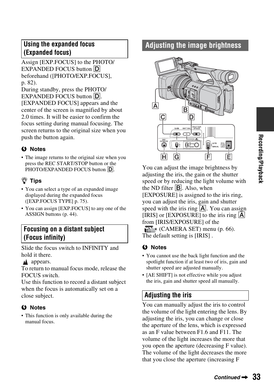 Adjusting the image brightness, P. 33 | Sony HDR-FX1000 User Manual | Page 33 / 151