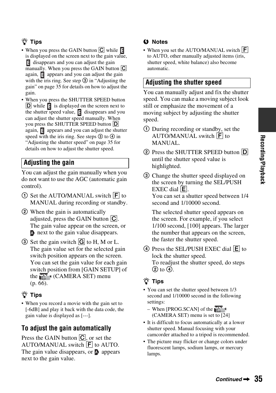 Adjusting the gain adjusting the shutter speed | Sony HDR-FX1000 User Manual | Page 35 / 151