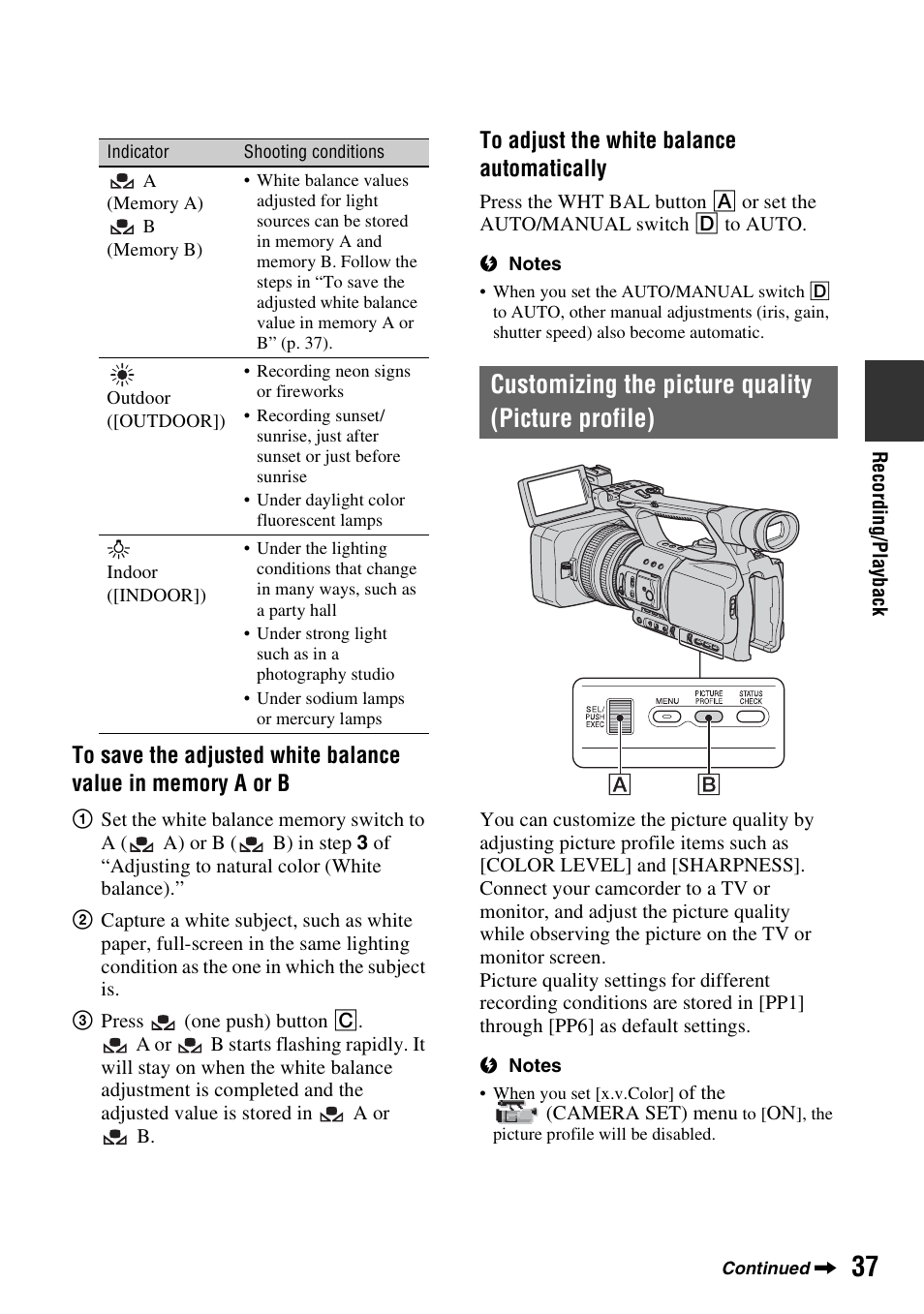 Customizing the picture quality (picture profile) | Sony HDR-FX1000 User Manual | Page 37 / 151