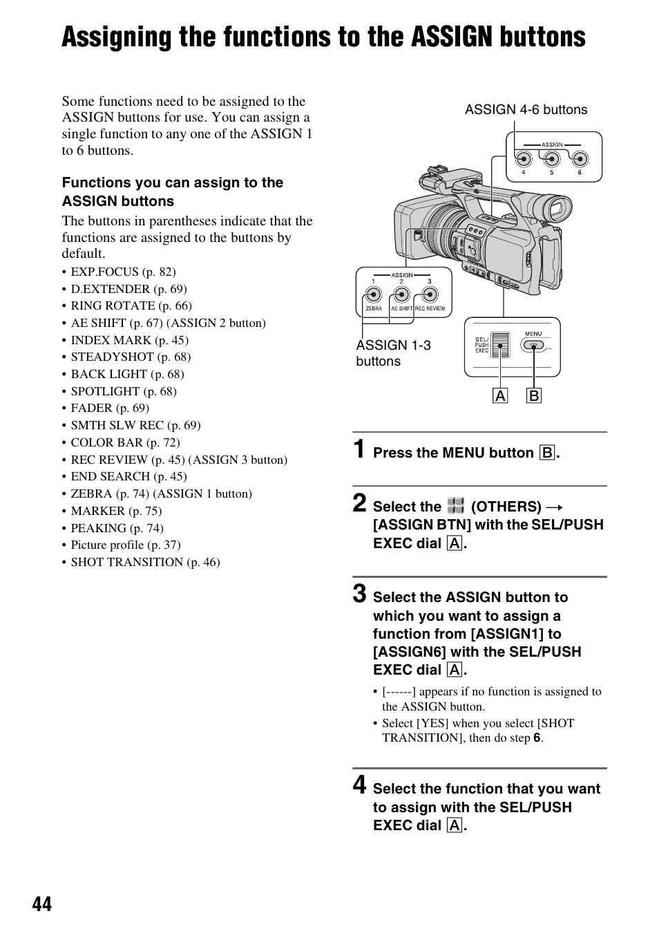 Assigning the functions to the assign buttons, P. 44) | Sony HDR-FX1000 User Manual | Page 44 / 151