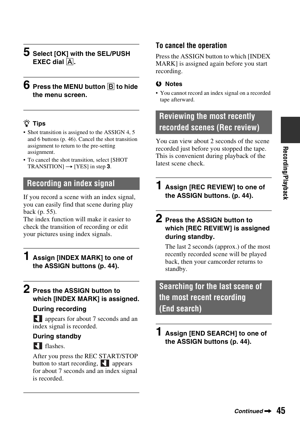 Recording an index signal, End search), P. 45) | Arch (p. 45) | Sony HDR-FX1000 User Manual | Page 45 / 151