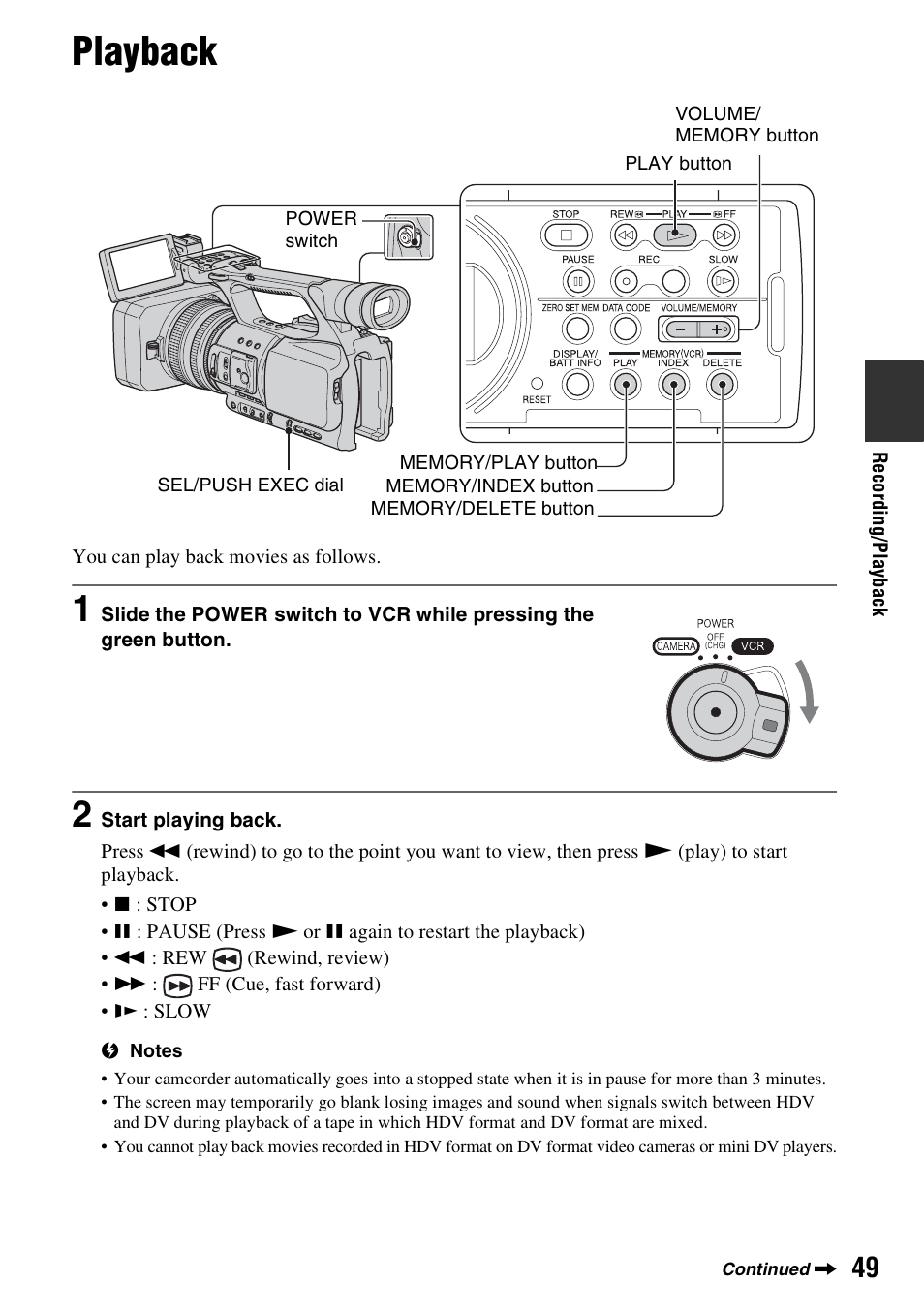 Playback | Sony HDR-FX1000 User Manual | Page 49 / 151