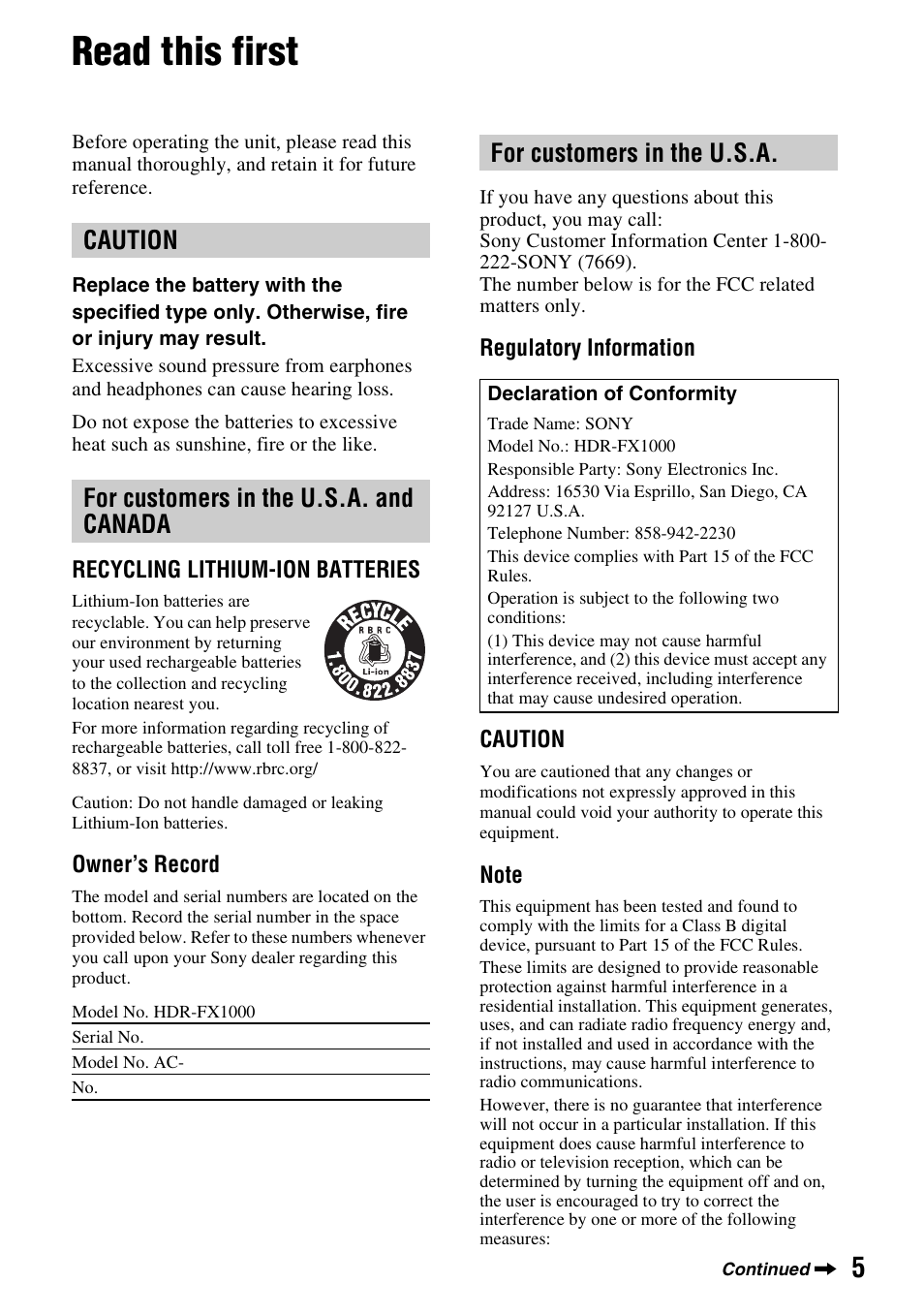 Read this first, Caution for customers in the u.s.a. and canada, For customers in the u.s.a | Sony HDR-FX1000 User Manual | Page 5 / 151