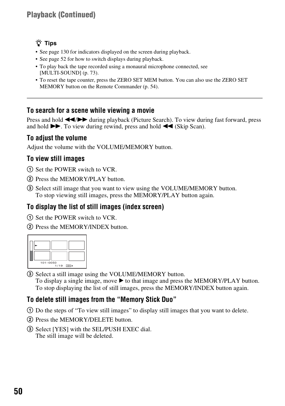 Playback ( continued) | Sony HDR-FX1000 User Manual | Page 50 / 151