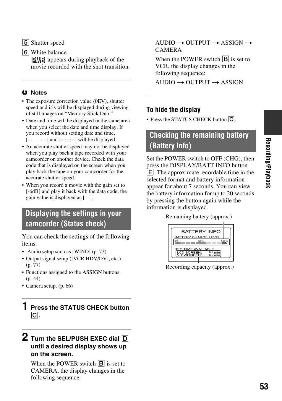 Checking the remaining battery (battery info) | Sony HDR-FX1000 User Manual | Page 53 / 151