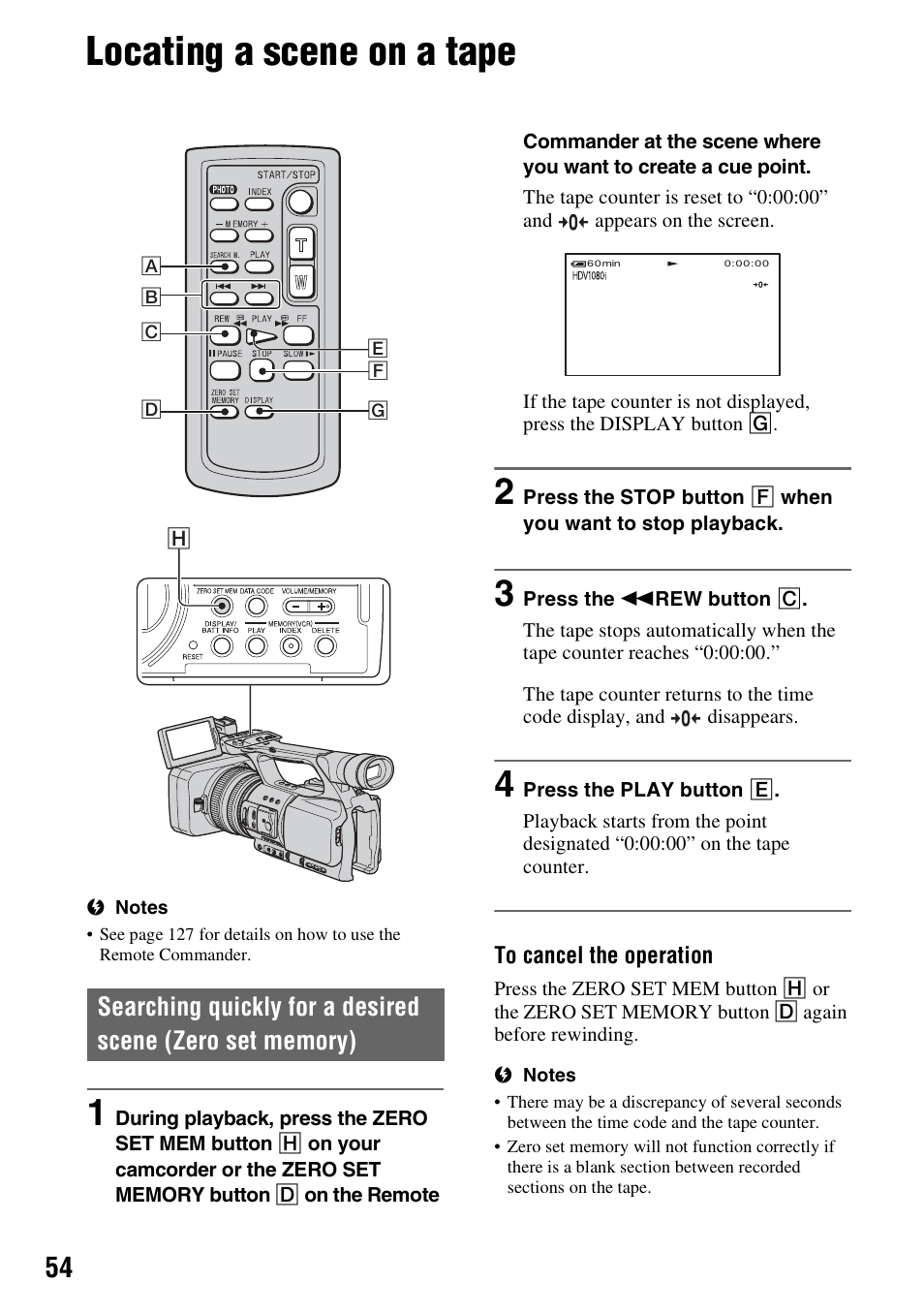 Locating a scene on a tape, P. 54, P. 54) | Sony HDR-FX1000 User Manual | Page 54 / 151