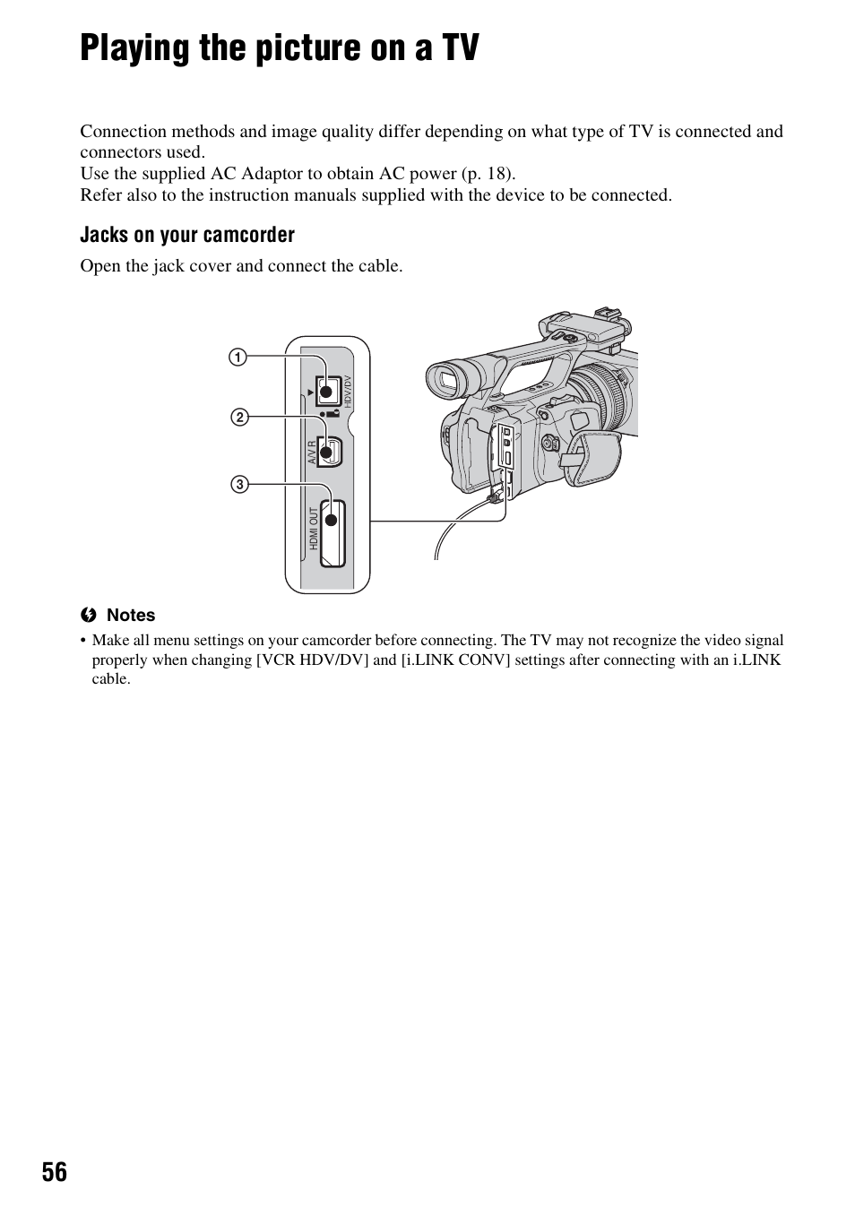 Playing the picture on a tv, P. 56 | Sony HDR-FX1000 User Manual | Page 56 / 151