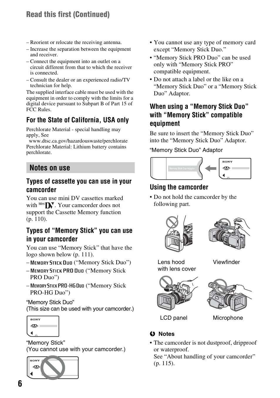 Read this first (continued) | Sony HDR-FX1000 User Manual | Page 6 / 151