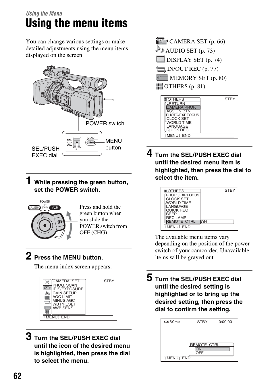 Using the menu, Using the menu items | Sony HDR-FX1000 User Manual | Page 62 / 151