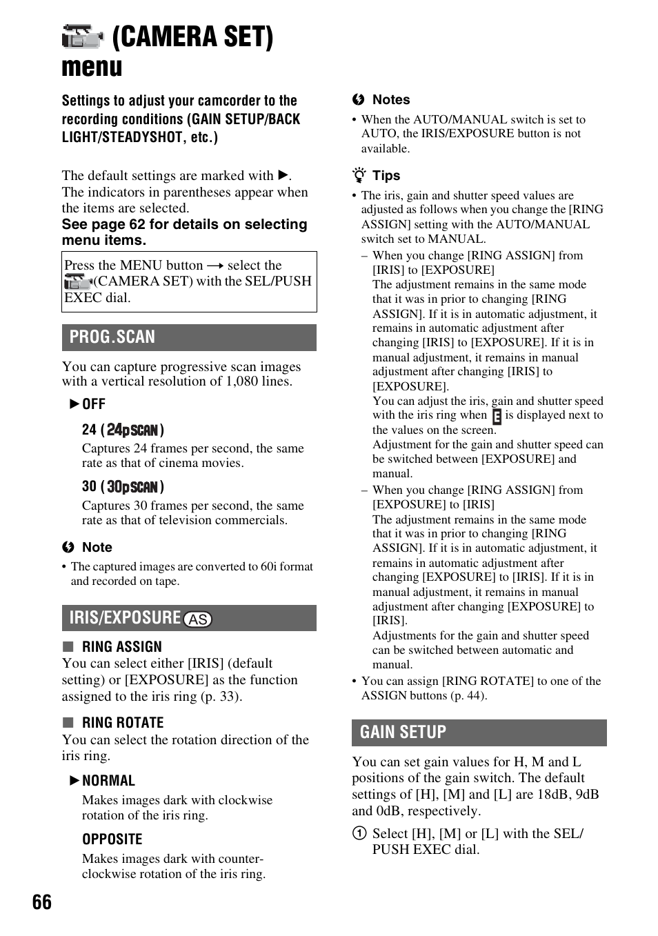 Camera set) menu, P. 66), Prog.scan iris/exposure | Gain setup | Sony HDR-FX1000 User Manual | Page 66 / 151