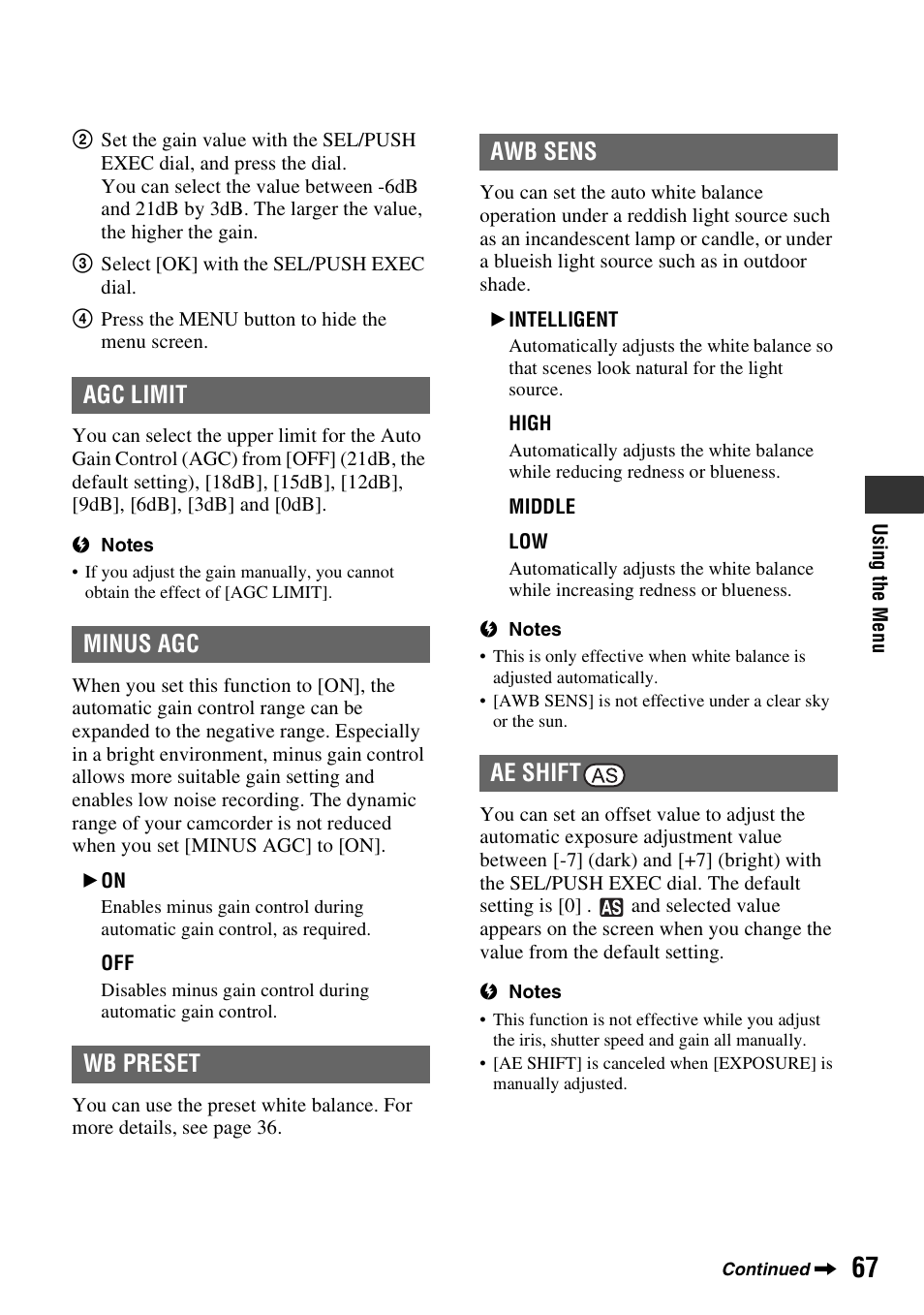 P. 67), Agc limit minus agc wb preset awb sens ae shift | Sony HDR-FX1000 User Manual | Page 67 / 151