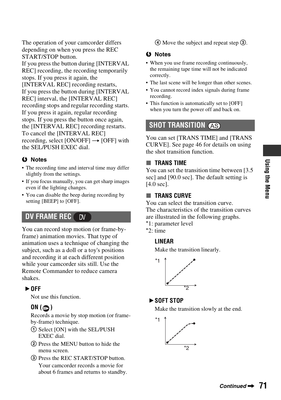 P. 71, P. 71), Dv frame rec shot transition | Sony HDR-FX1000 User Manual | Page 71 / 151