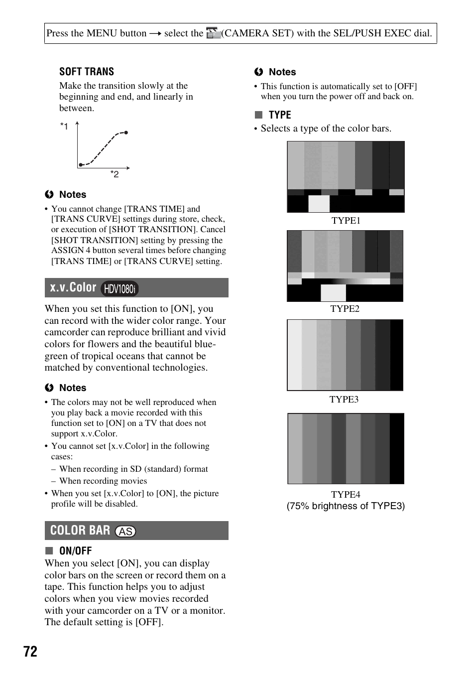 Or bar (p. 72), X.v.color color bar | Sony HDR-FX1000 User Manual | Page 72 / 151