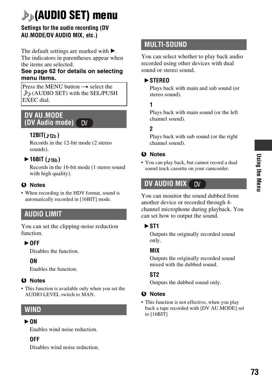 Audio set) menu, P. 73), O set (p. 73) | Dv au.mode (dv audio mode) audio limit wind, Multi-sound dv audio mix | Sony HDR-FX1000 User Manual | Page 73 / 151