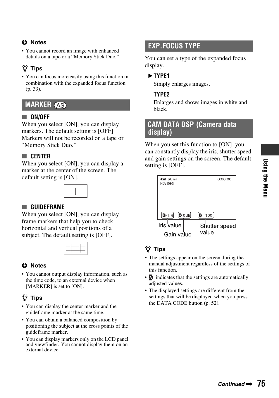 P. 75) | Sony HDR-FX1000 User Manual | Page 75 / 151