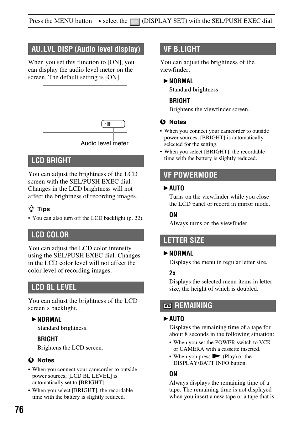 Vf b.light vf powermode letter size remaining | Sony HDR-FX1000 User Manual | Page 76 / 151