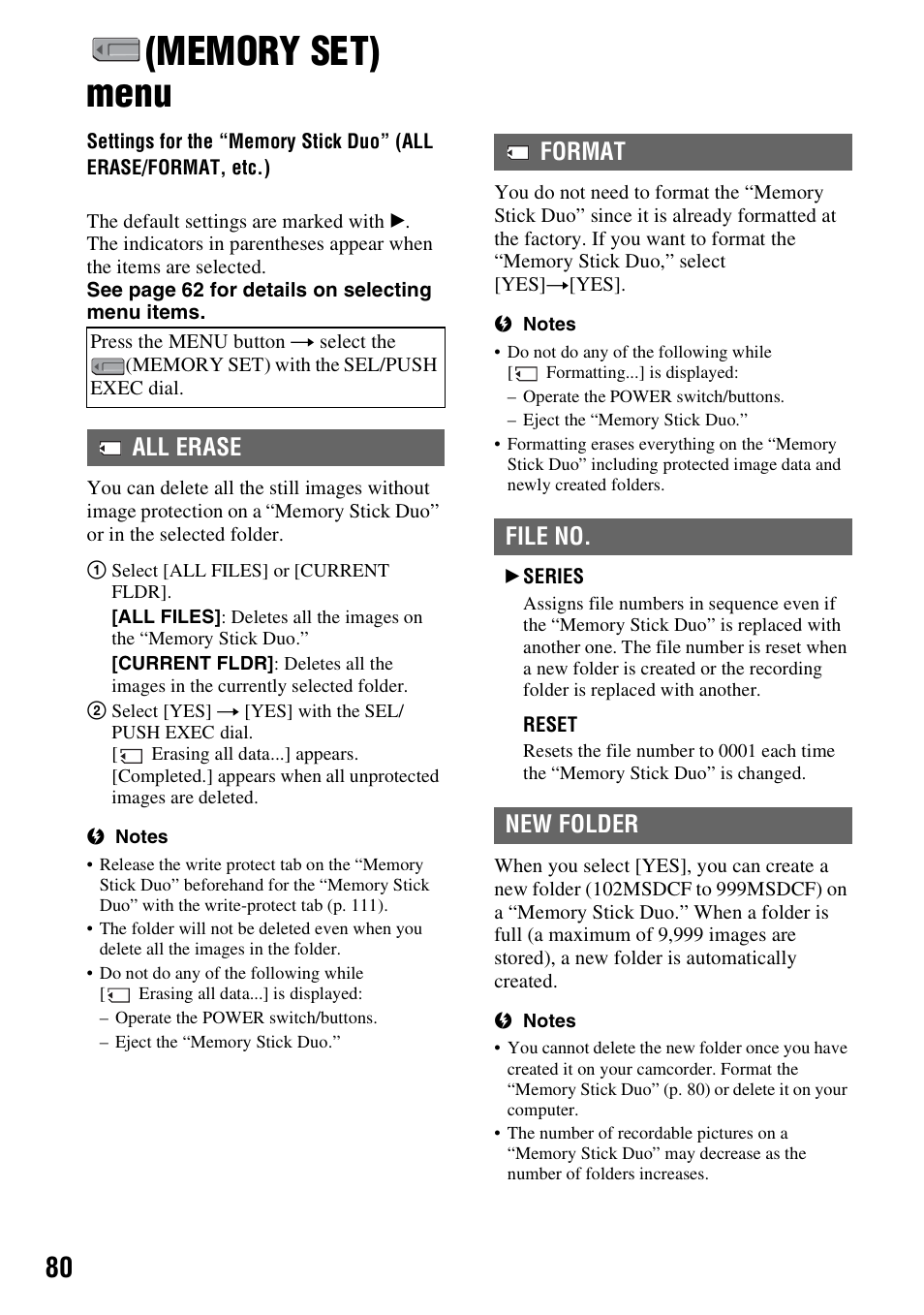 Memory set) menu, P. 80), All erase | Format file no. new folder | Sony HDR-FX1000 User Manual | Page 80 / 151