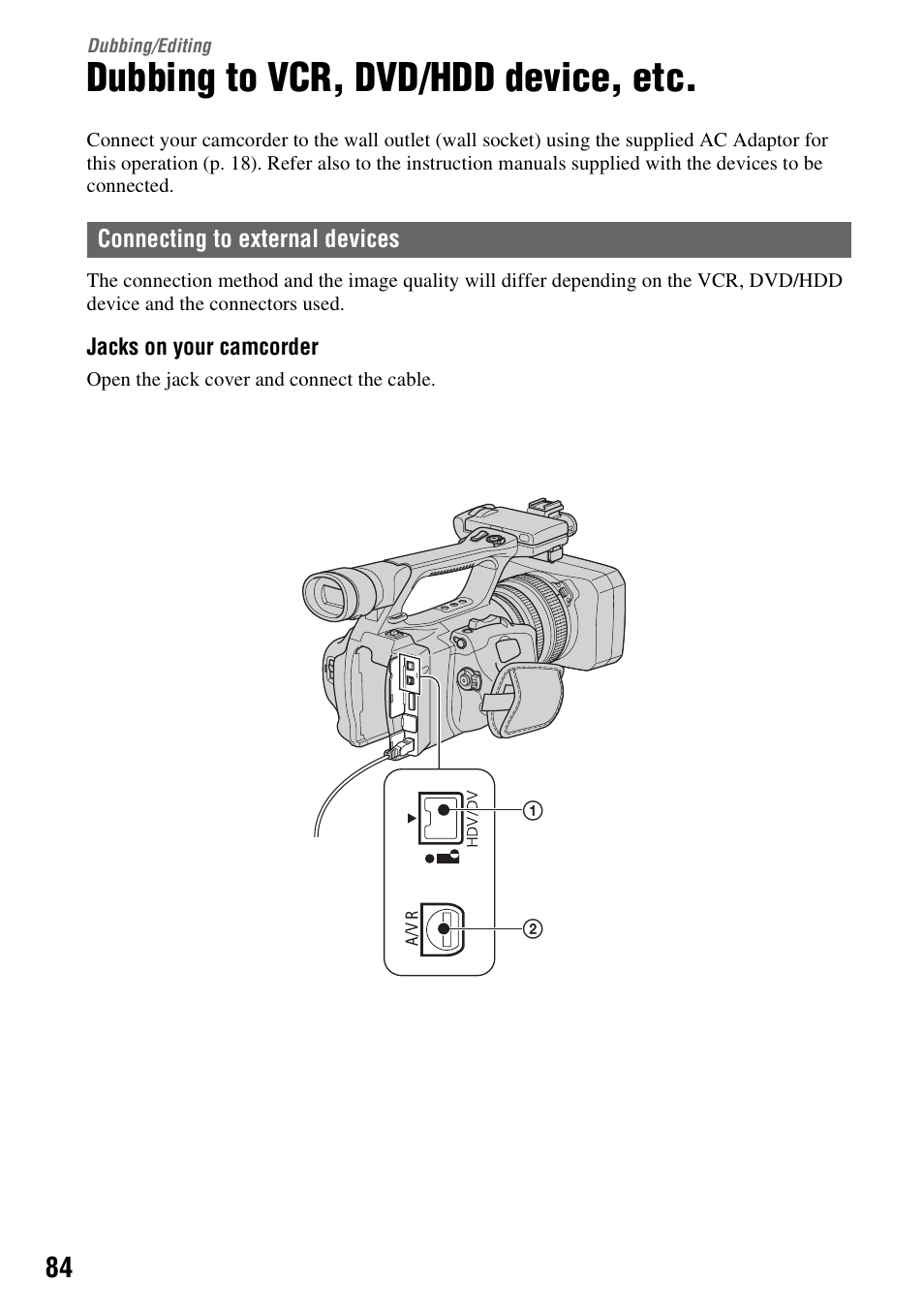 Dubbing/editing, Dubbing to vcr, dvd/hdd device, etc, P. 84) | Sony HDR-FX1000 User Manual | Page 84 / 151