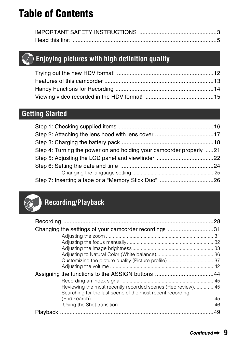 Sony HDR-FX1000 User Manual | Page 9 / 151