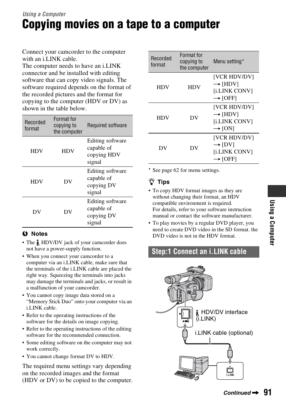 Using a computer, Copying movies on a tape to a computer, P. 91 | Step:1 connect an i.link cable | Sony HDR-FX1000 User Manual | Page 91 / 151