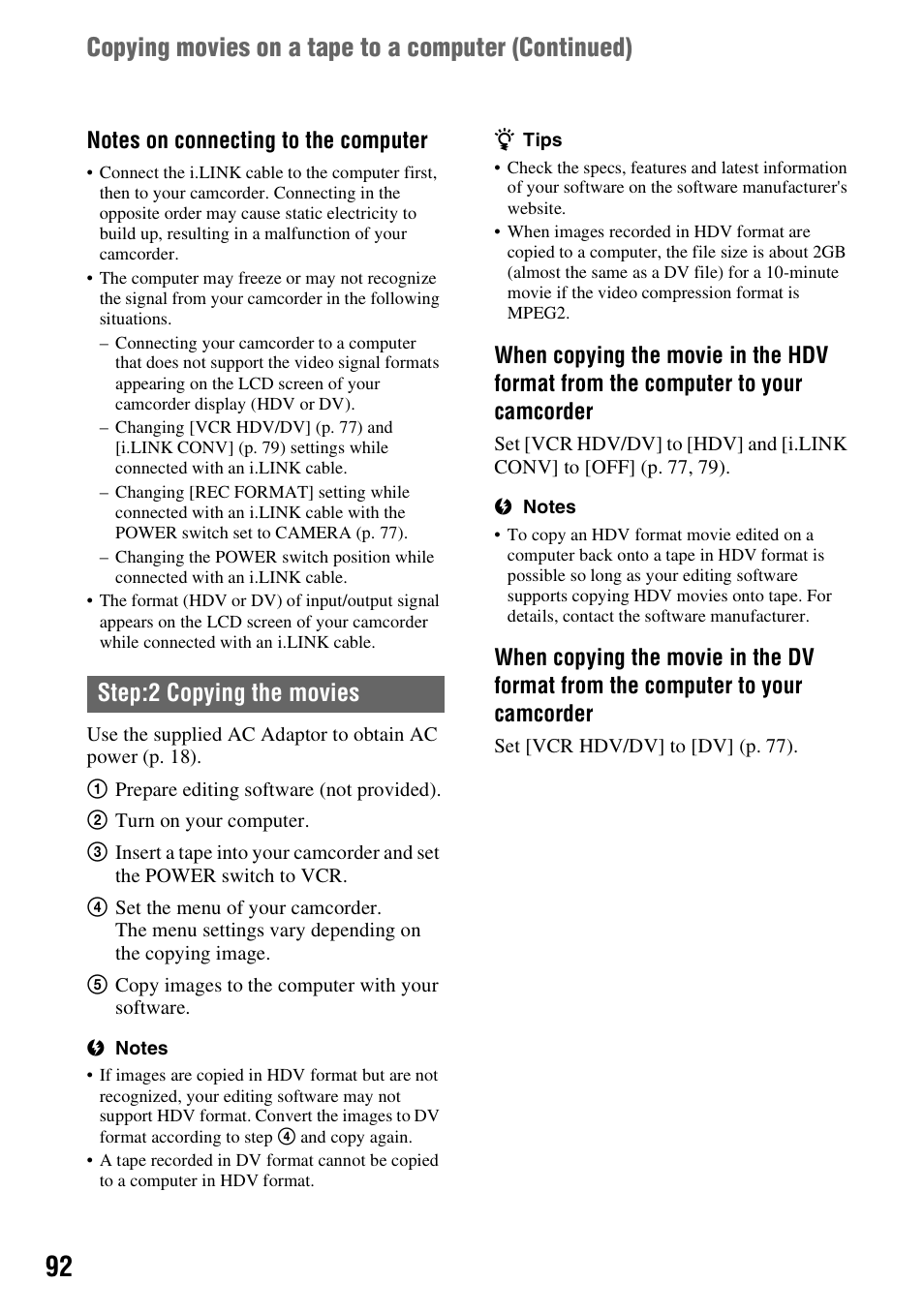 Copying movies on a tape to a computer (continued), Step:2 copying the movies | Sony HDR-FX1000 User Manual | Page 92 / 151