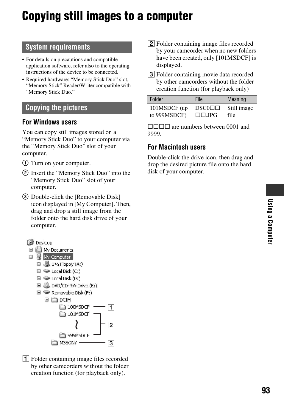Copying still images to a computer, System requirements copying the pictures | Sony HDR-FX1000 User Manual | Page 93 / 151