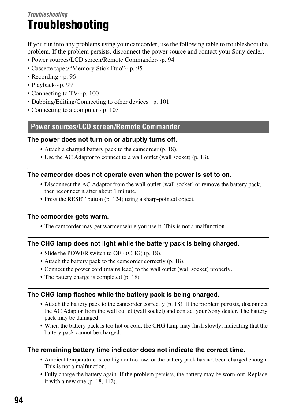 Troubleshooting | Sony HDR-FX1000 User Manual | Page 94 / 151