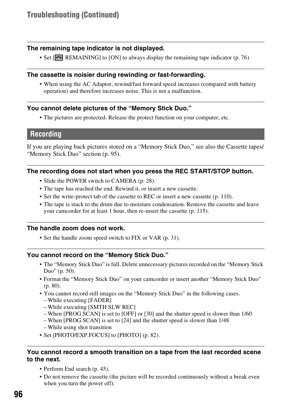 P. 96, Troubleshooting (continued), Recording | Sony HDR-FX1000 User Manual | Page 96 / 151
