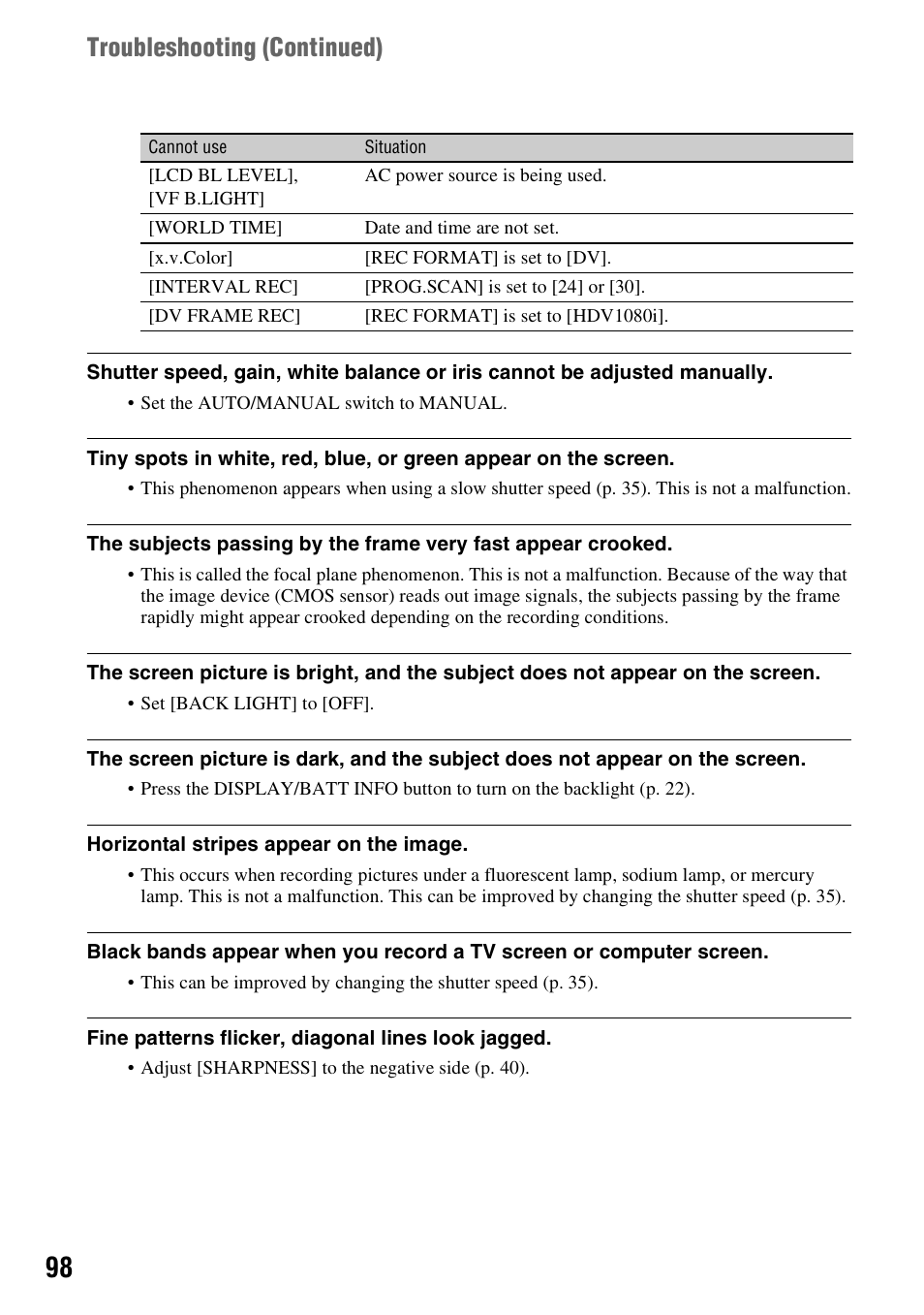 Troubleshooting (continued) | Sony HDR-FX1000 User Manual | Page 98 / 151