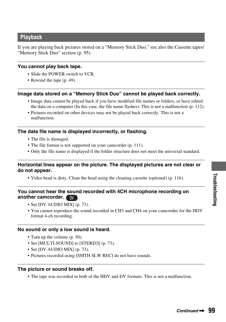 P. 99, Playback | Sony HDR-FX1000 User Manual | Page 99 / 151