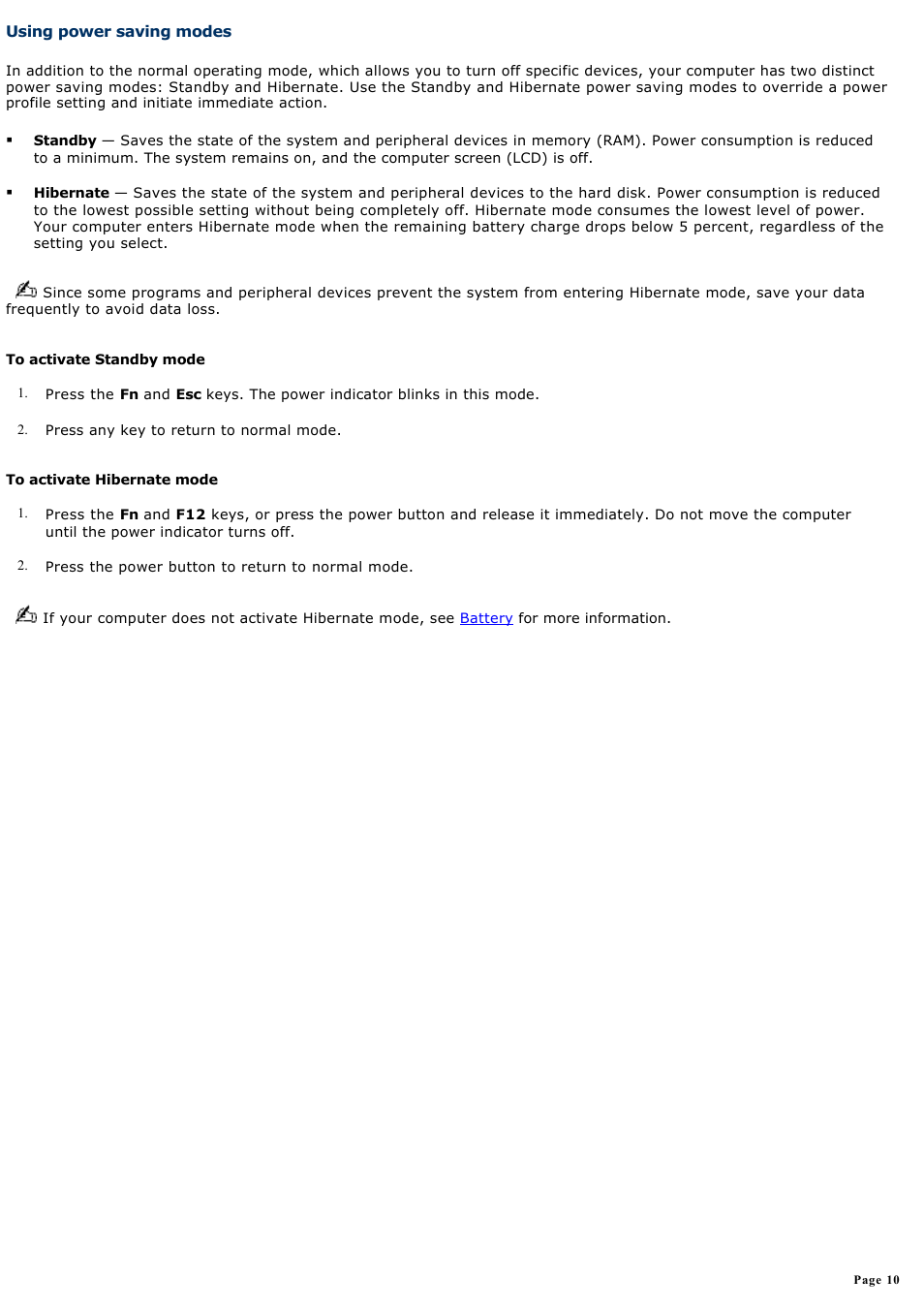 Using power saving modes | Sony PCG-GRT150 User Manual | Page 10 / 190