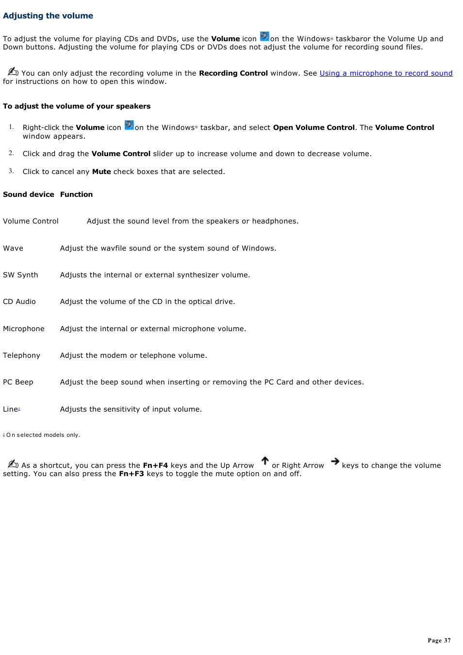 Adjusting the volume | Sony PCG-GRT150 User Manual | Page 37 / 190