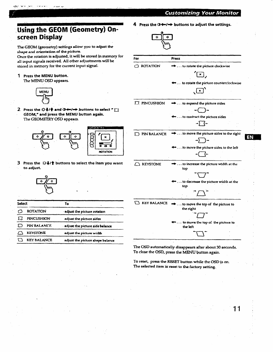 Using the çeom (geometry) onscreen display, Using the geom (geometry) on-screen display, Using the çeom (geometry) on­ screen display | Sony GDM-400PS User Manual | Page 11 / 22