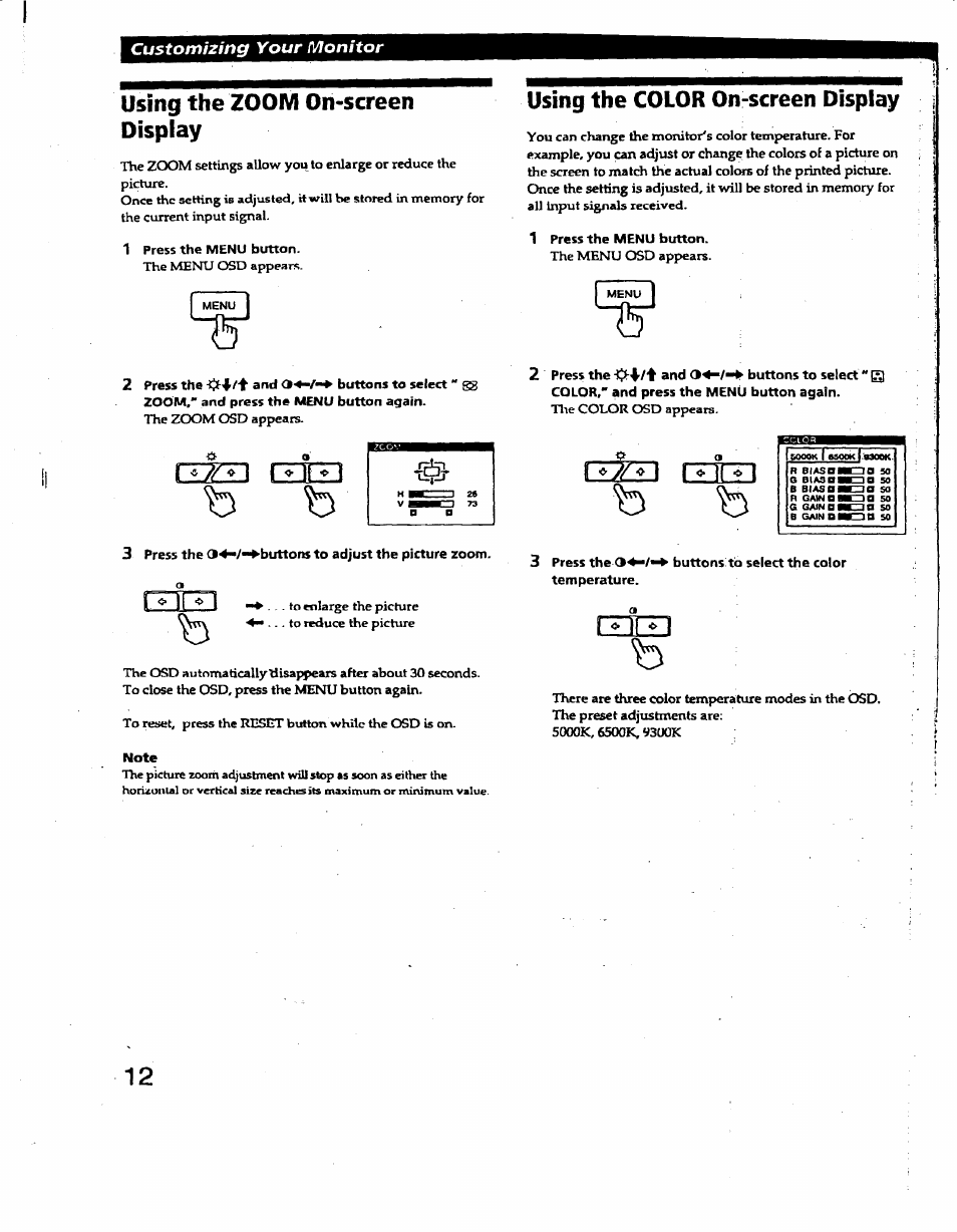 Using the zoom on-screen display, Using the color on-screen display, Note | Em czed | Sony GDM-400PS User Manual | Page 12 / 22