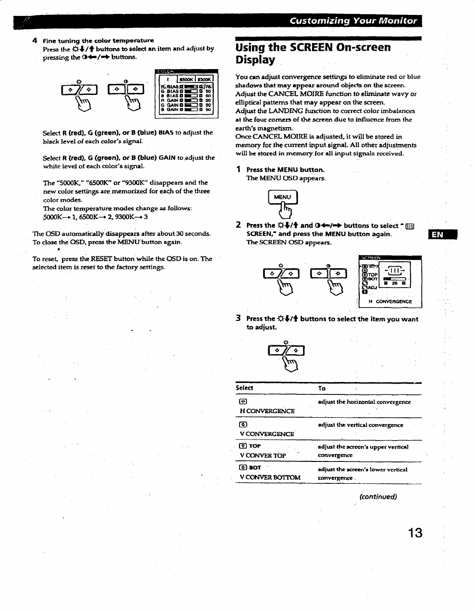 Using the screen on-screen display, Ezzm ъ, 1 i ^ и i | Sony GDM-400PS User Manual | Page 13 / 22