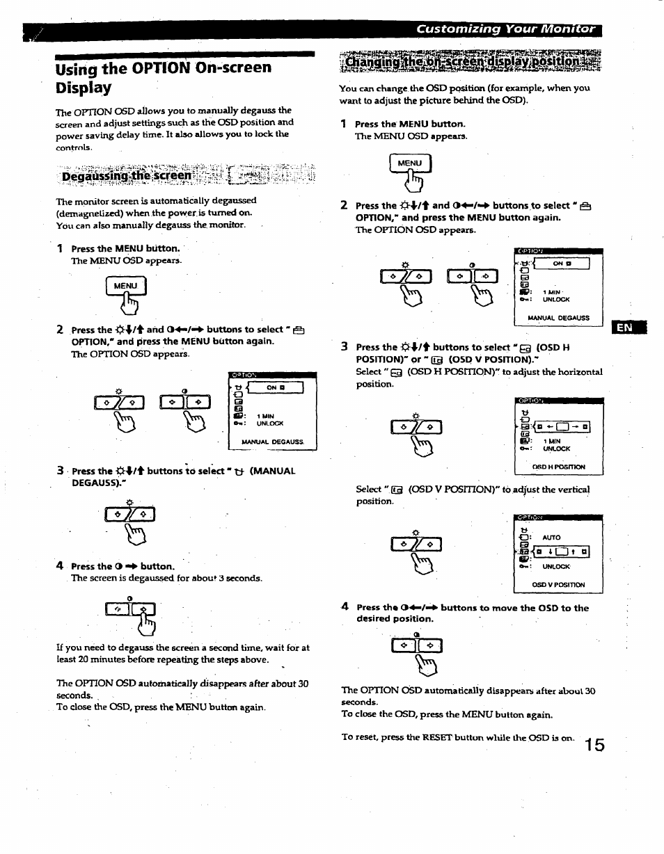Using the option on-screen display, Qzd bm | Sony GDM-400PS User Manual | Page 15 / 22