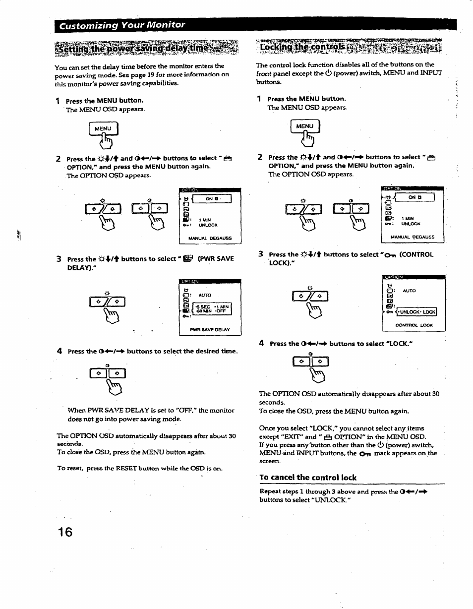 To cancel the control lock, I » il » i, Rryn rncn | Rrm c±tz | Sony GDM-400PS User Manual | Page 16 / 22