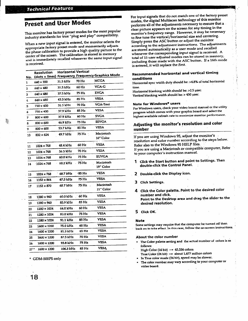 Note for windows* users, 2 double-click the display icon, Note | About'the color number, Preset and user modes, Technical features | Sony GDM-400PS User Manual | Page 18 / 22