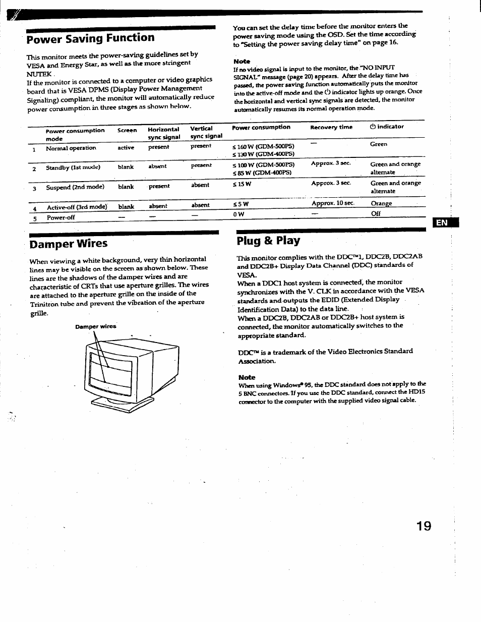 Note, Power saving function, Damper wires plug & play | Sony GDM-400PS User Manual | Page 19 / 22